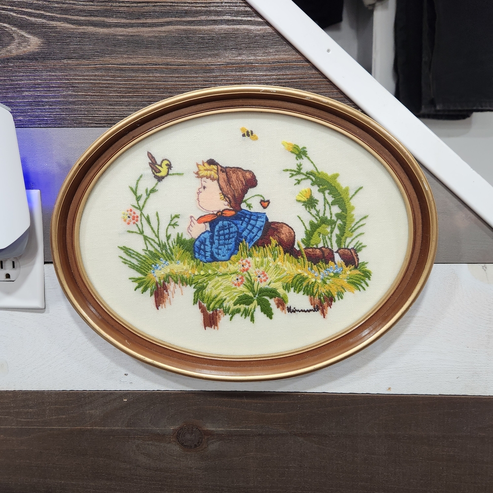 Vintage Embroidered Wall Art with Child and Bird